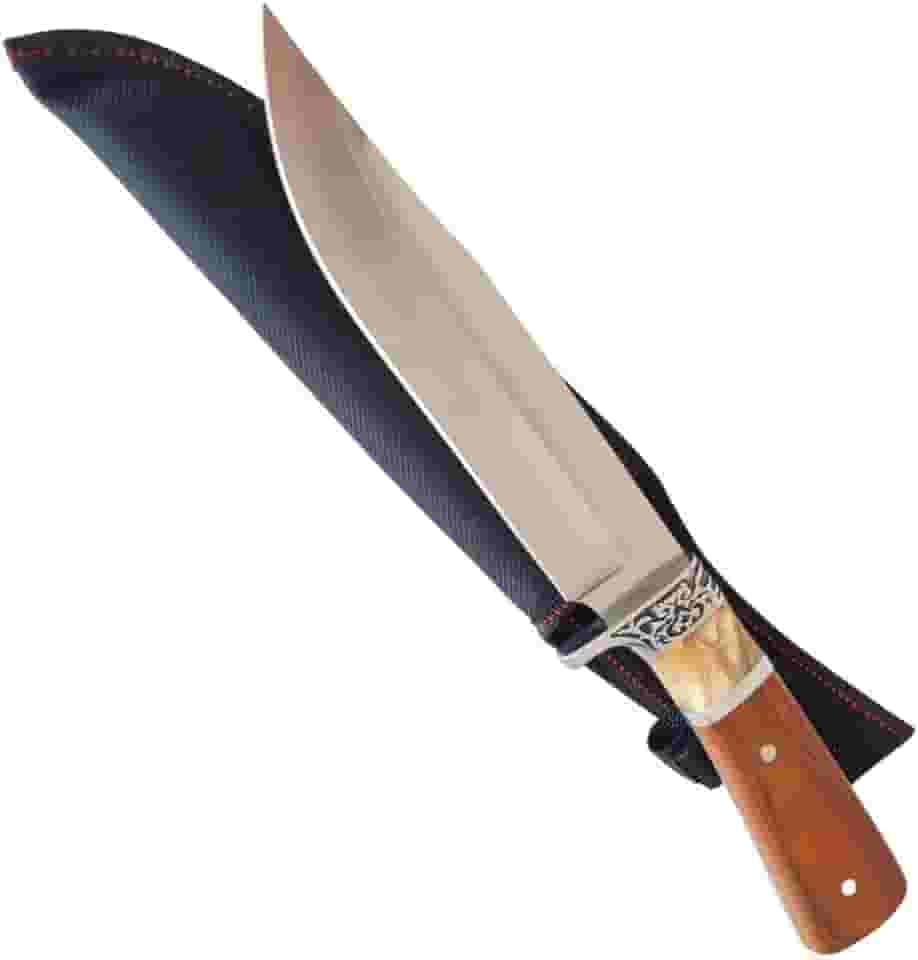 Faca Tática para Churrasco e Camping, 8 Polegadas, Lâmina Inox 420, Cabo em Madeira Estilo Oriental com Bainha em Napa