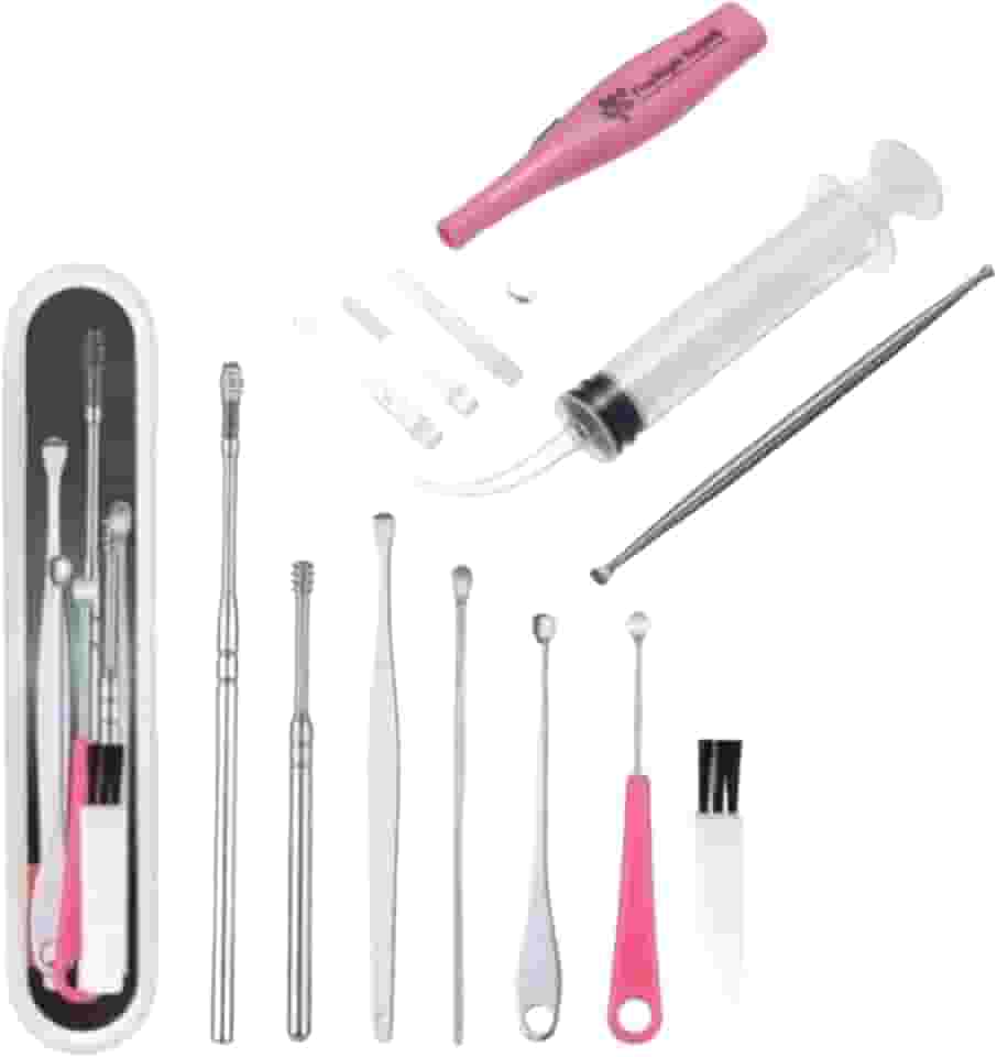 Kit Com 7 Peças Limpeza Auricular Cera Ouvido Orelha Cureta Espátulas + Seringa Lavagem Ouvido