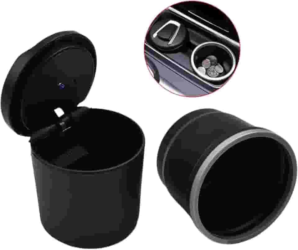 Cinzeiro Automotivo com LED Azul, Tampa Removível, 8,5 x 7,5 cm, Preto, Portátil, à prova de cheiro