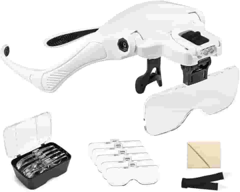 Lupa de Cabeça Profissional - Excelente para Aumento e Zoom de Detalhes, Usado Frequentemente por Ourives, Esteticistas, Relojoeiros, Técnicos em Eletrônico - 5 Lentes de Aumento