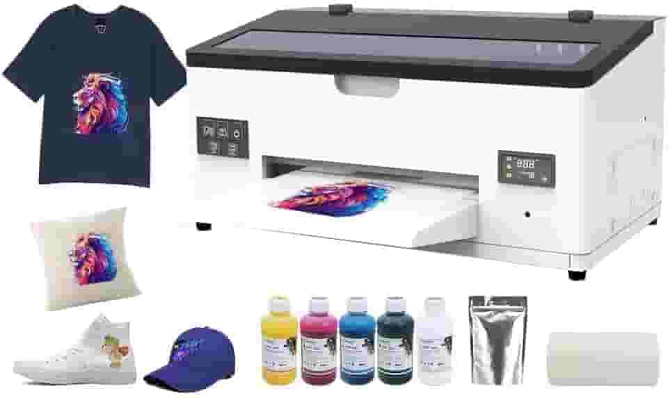 Camiseta A3 DTF L1800 para máquina de impressão por transferência de vestuário, impressora direta para filme, com circulação de tinta branca e limpeza semiautomática (impressora + filme + tinta