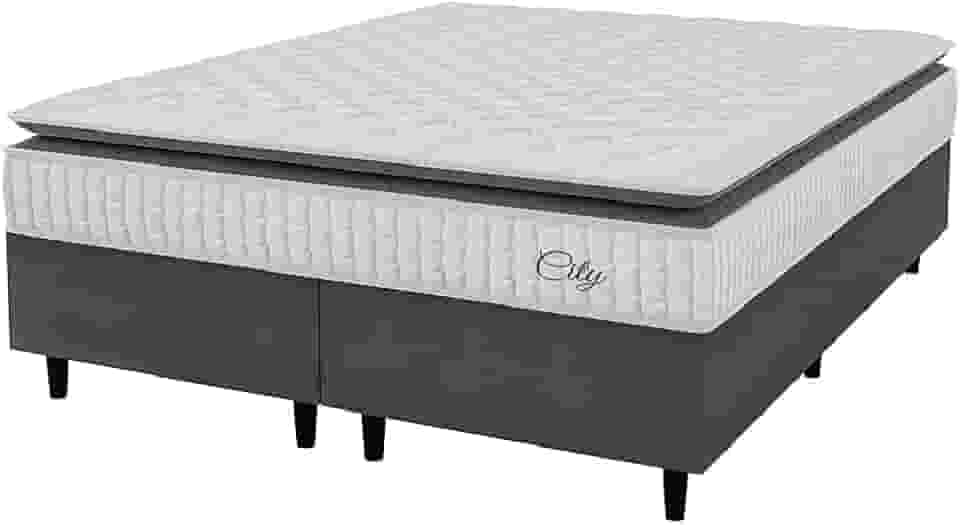 Cama Box Colchão Casal King Molas Ensacadas City Pillow Top 193x203x61cm Cinza/Branco Hellen - Suporta até 110kg por Pessoa