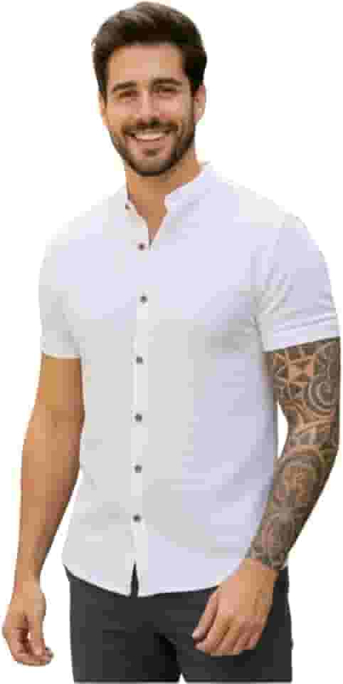 Camisa Social Masculina Manga Curta Gola Padre Elegante e Versatil Tendencia Verão e Final de Ano