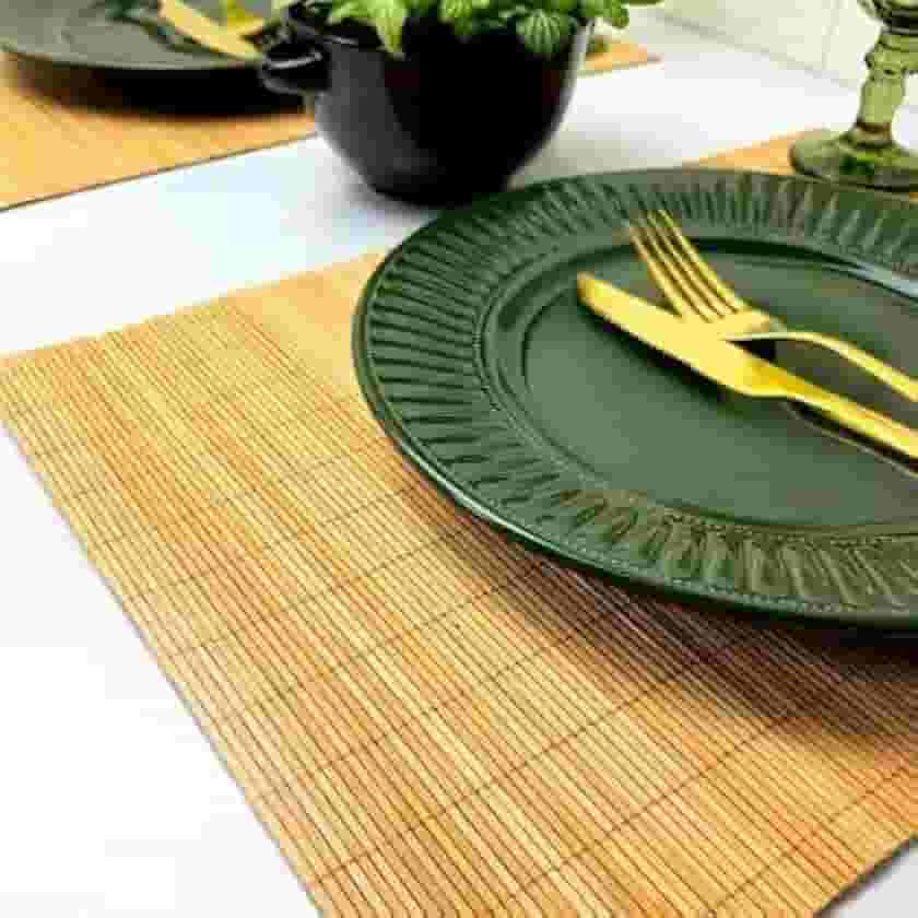 Kit Jogo Americano com 4 Peças – Palha Marrom com Bordado em Bege – Ideal para Mesa Posta, Almoços e Jantares (cinza)