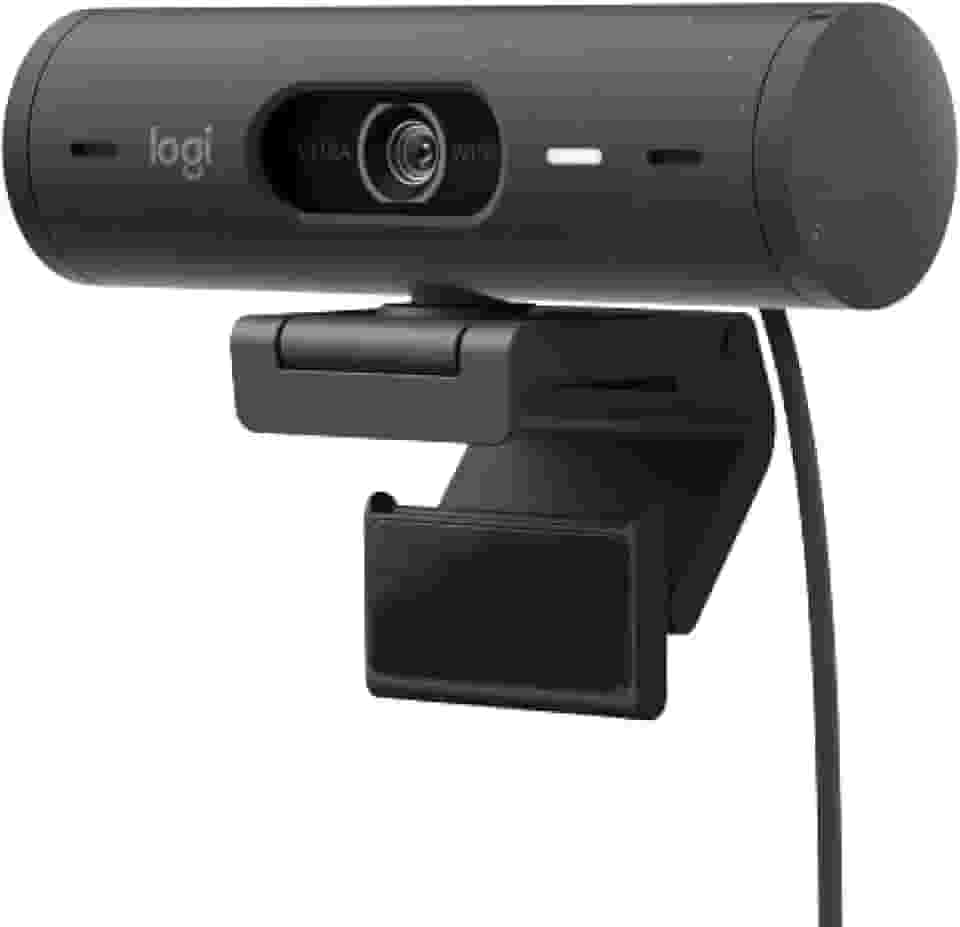 Webcam Full HD Logitech Brio 500 com Microfones Duplos com Redução de Ruídos, Proteção de Privacidade, Correção de Luz e Enquadramento Automático - Grafite
