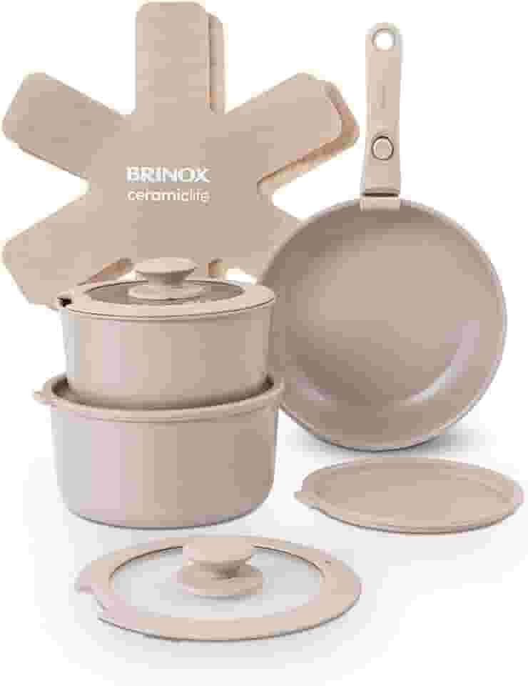 Brinox - Jogo de Panelas Antiaderente Ceramic Life 10 Peças Cabo Removível Fit - Areia