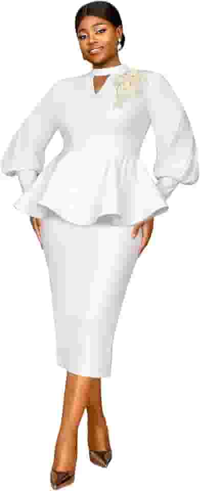 Conjunto de terno de negócios para mulheres, conjunto de 2 peças com apliques florais peplum tops lápis midi saia conjunto formal para igreja