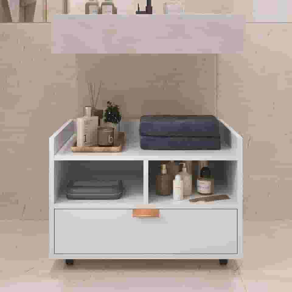 Gabinete Para Banheiro Armário Organizador Com Gaveta e Rodízios Cobreado Berlim (Branco)