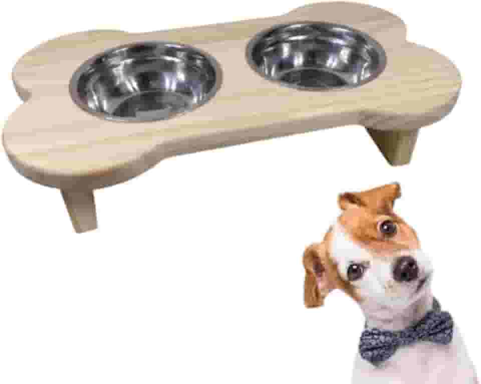 Genérico Comedouro Elevado para Cachorro, Natural, Madeira, Base Elevada com 2 Tigelas de Aço Inox, Moderno, 38x22x10 cm