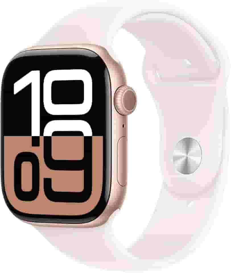 Apple Watch Series 10 GPS • Caixa ouro rosa de alumínio – 46 mm • Pulseira esportiva blush-clara – M/G
