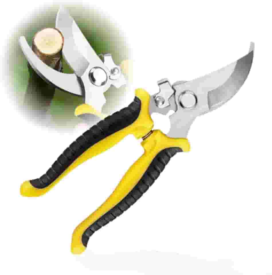 Alicate de Poda Profissional em Aço Carbono, Cabo Ergonômico Emborrachado Amarelo e Preto, com Trava de Segurança para Jardinagem, Flores e Galhos