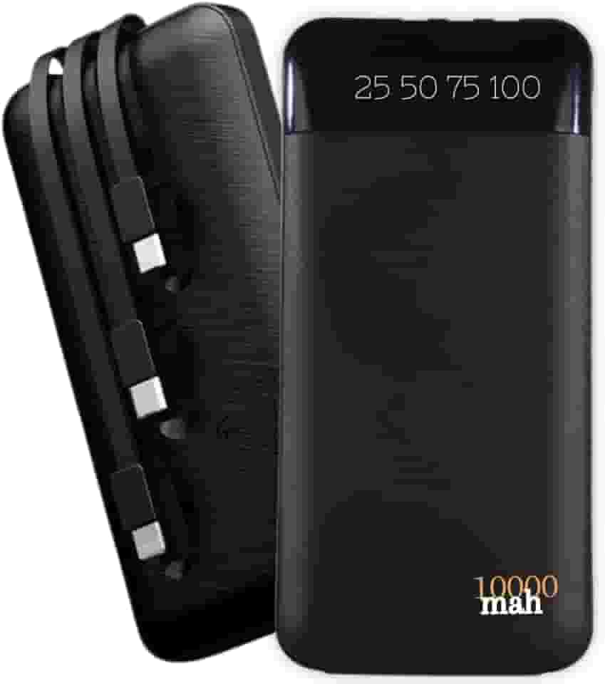 Carregador Portátil Power Bank Universal 10000mAh 3 Cabos Integrados Design Leve, Compacto e Ultra Rápido Com Entradas (Micro USB, USB-C e IOS) Led Com Indicador Bateria