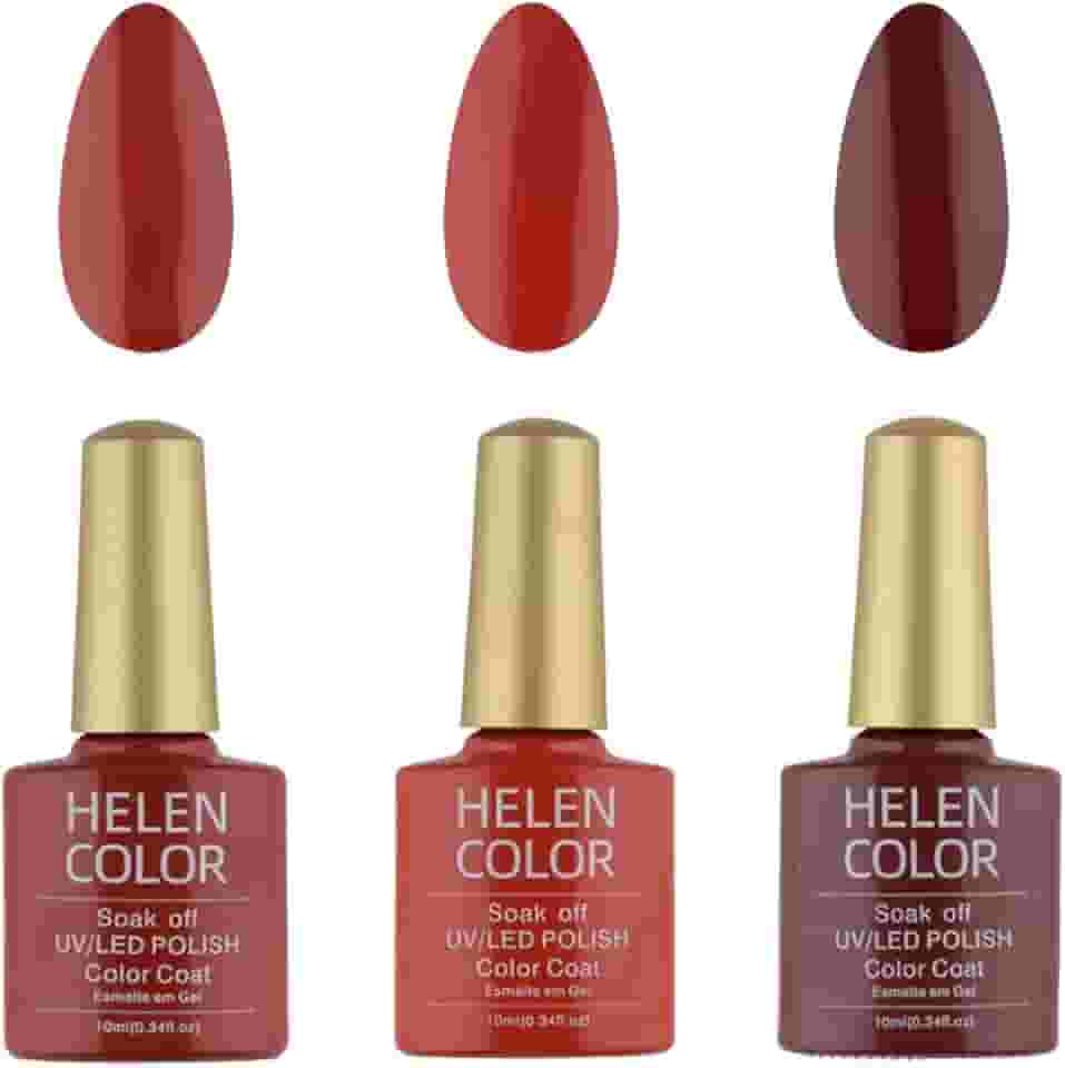 HELEN COLOR Kit 3 Esmaltes em Gel UV/LED 10ml Cada Frasco Secagem Rápida Alta Durabilidade Acabamento Brilhante (Vermelho)