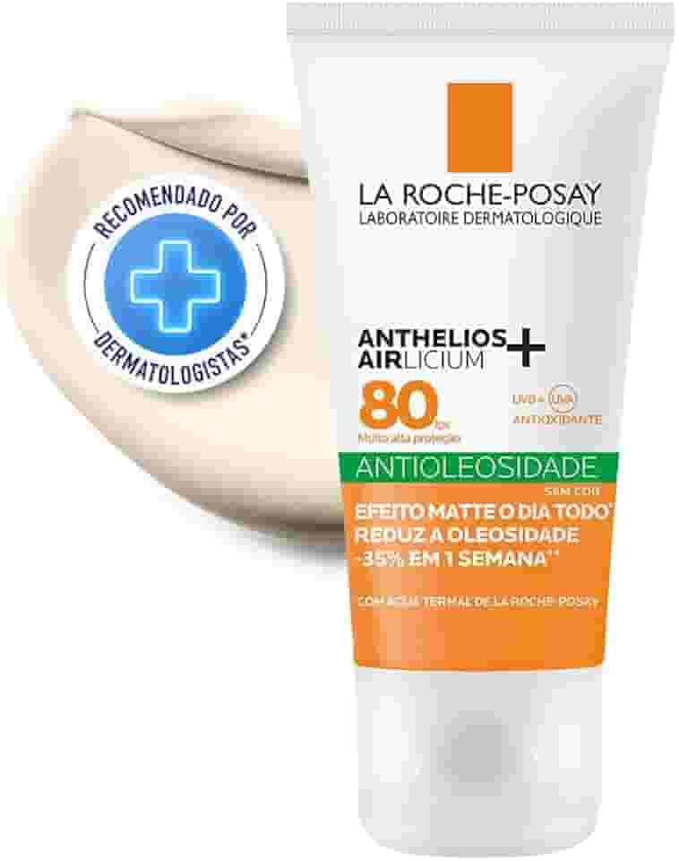 La Roche-Posay Anthelios Airlicium, Protetor Solar Facial Antioleosidade FPS80 com Controle de Oleosidade, Efeito Matte, Cobertura Uniforme e Toque Seco Sem Cor 40g
