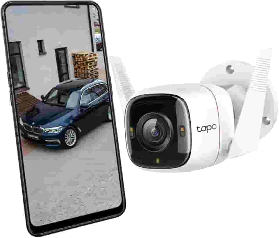 Tapo C320WS – Câmera de vigilância WiFi externa/interna, 2K, resolução QHD de 4 MP, visão noturna colorida, 512G, notificações em tempo real, IP66 à prova d'água, compatível com Alexa, branca.