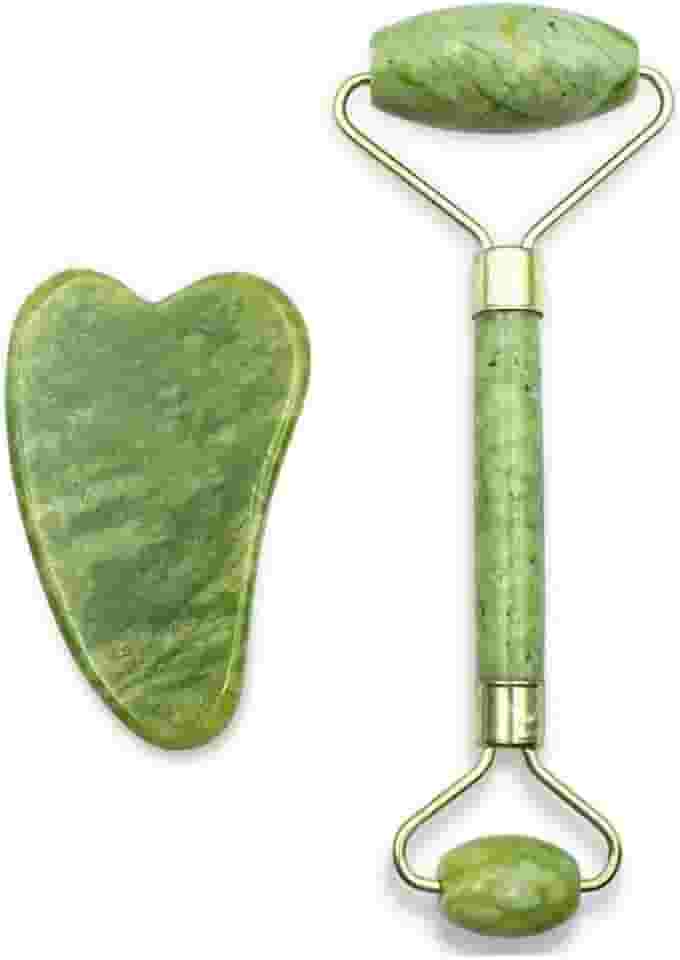 Pedra Jade Roller Rolinho Massageador Facial Anti Rugas + Placa Gua sha Cor:Verde