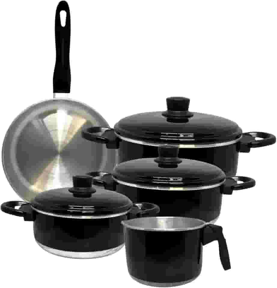 Jogo de Panelas 5 Peças Alumínio Preto Esmaltado | Frigideira, Fervedor e Caçarola com Tampa