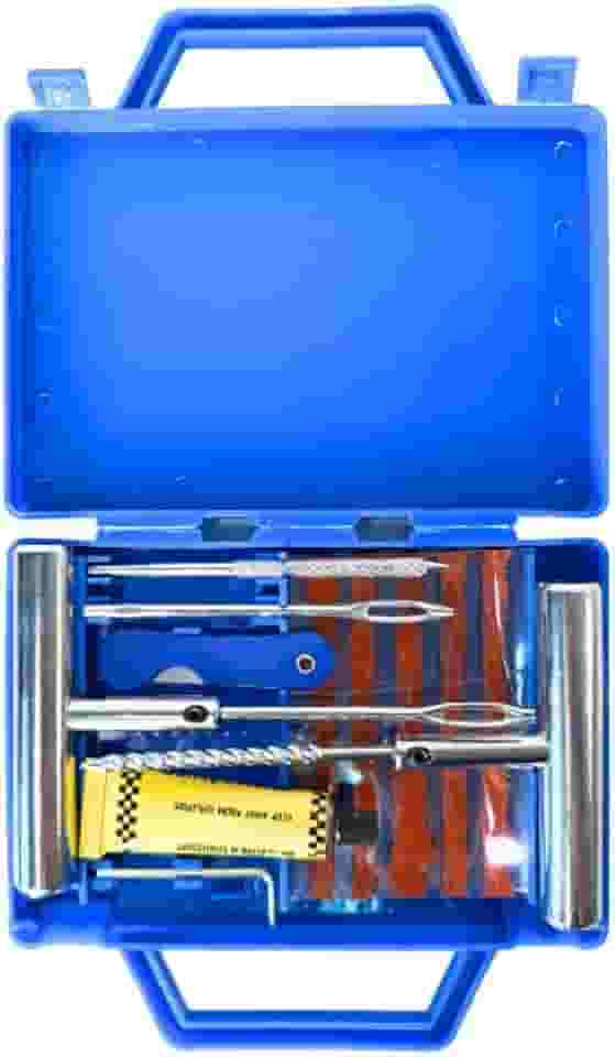 Kit Reparo de Pneus 12 Peças c/Maleta – Maleta Azul Portátil, Macarrão, Escariador, Aplicador, Estilete e Cola – Carro, Moto, Bike – Remendo Sem Câmara