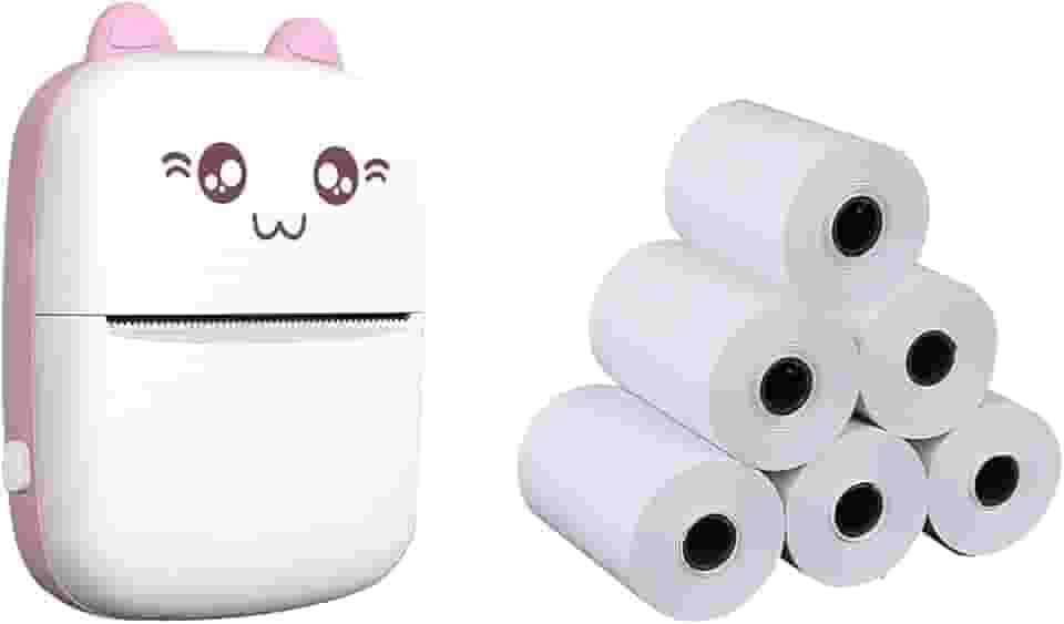 Romacci Mini impressora térmica portátil sem fio BT 200dpi Photo Label Memo Pergunta errada Impressão com cabo USB + 5 rolos Rolo de papel térmico 57 * 30mm Perguntas erradas Notas Impressão de papéis