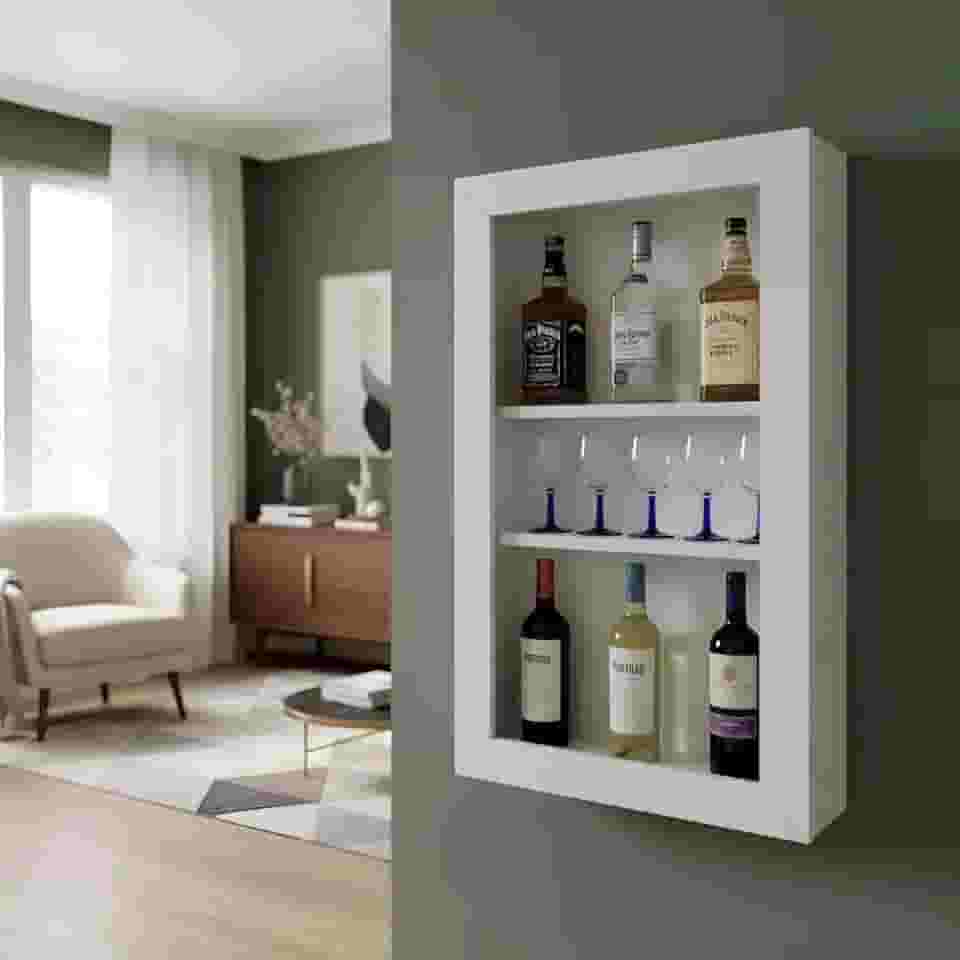 Bar Adega Peq para Vinhos e Bebidas Cristaleira Suspenso de Parede para Sala Estar ou Jantar Branco