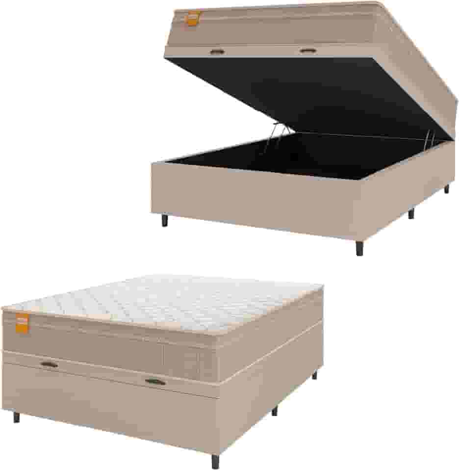 Cama Box Baú Casal Colchão Molas Qatar 138x188x63cm Bege/Branco Inducol - Suporta Até 200 Kg Por Pessoa
