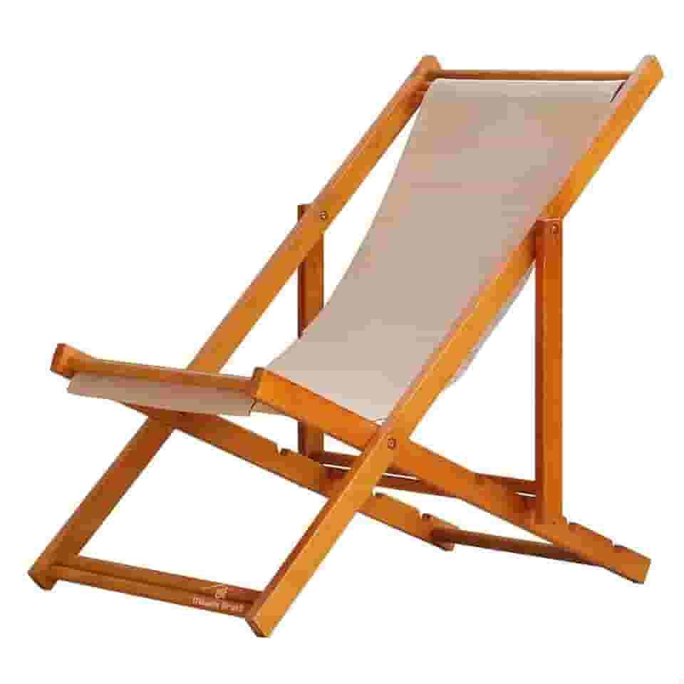 Espreguiçadeira Portátil de Madeira Maciça – Para Piscina, Sem Braço, Envernizada (Bege)