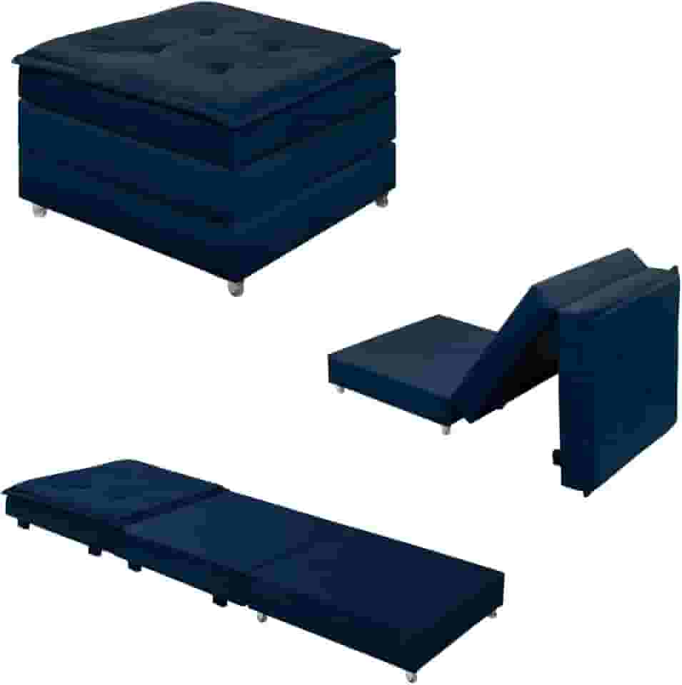 Puff Dobrável 3 em 1 Que Se Transforma em Cama Solteiro Versátil Confortável Com Rodinhas E Bau (Azul)
