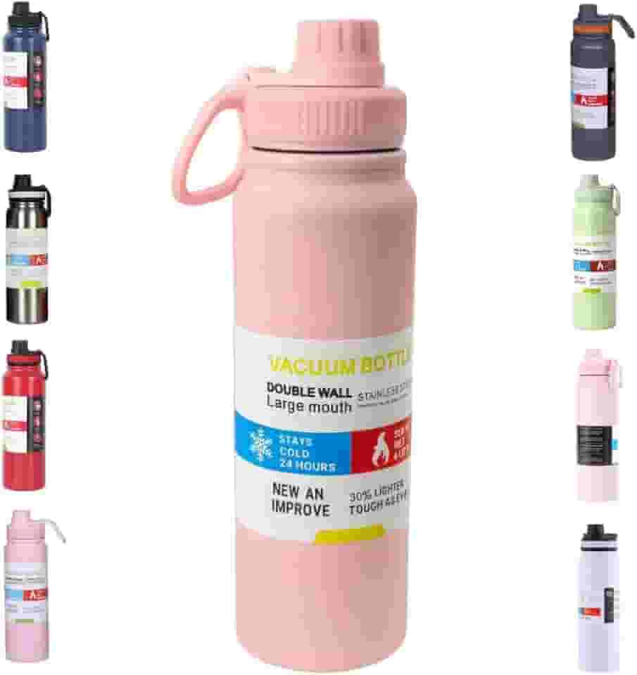 Garrafa de Água Térmica Inox 800ml Esportiva com Alça Parede Dupla Isolada a Vácuo Antivazamento Garrafinha Academia Fitness Corrida Esportes Escritório – Premium (Rosa)