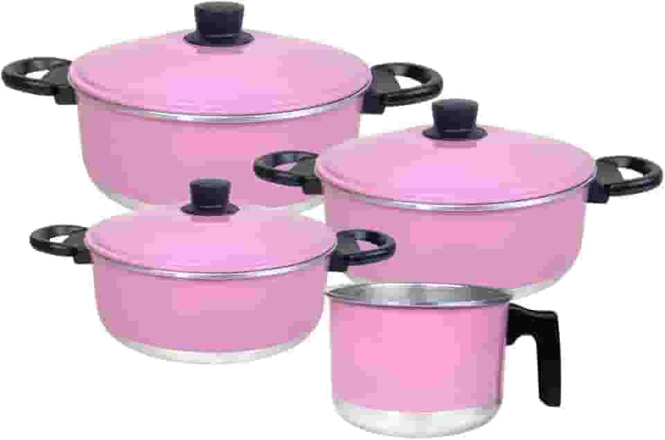 Conjunto de Panelas de Alumínio com 3 Caçarolas e 1 Fervedor (Leiteira) (Rosa)