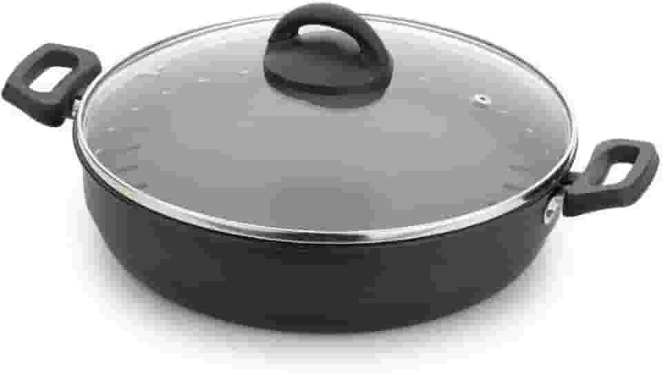 Multiflon Churrasqueira 28 Centímetros com Tampa de Vidro Aluminio Antiaderente Linha Versátil Resistente Durável e Saudável