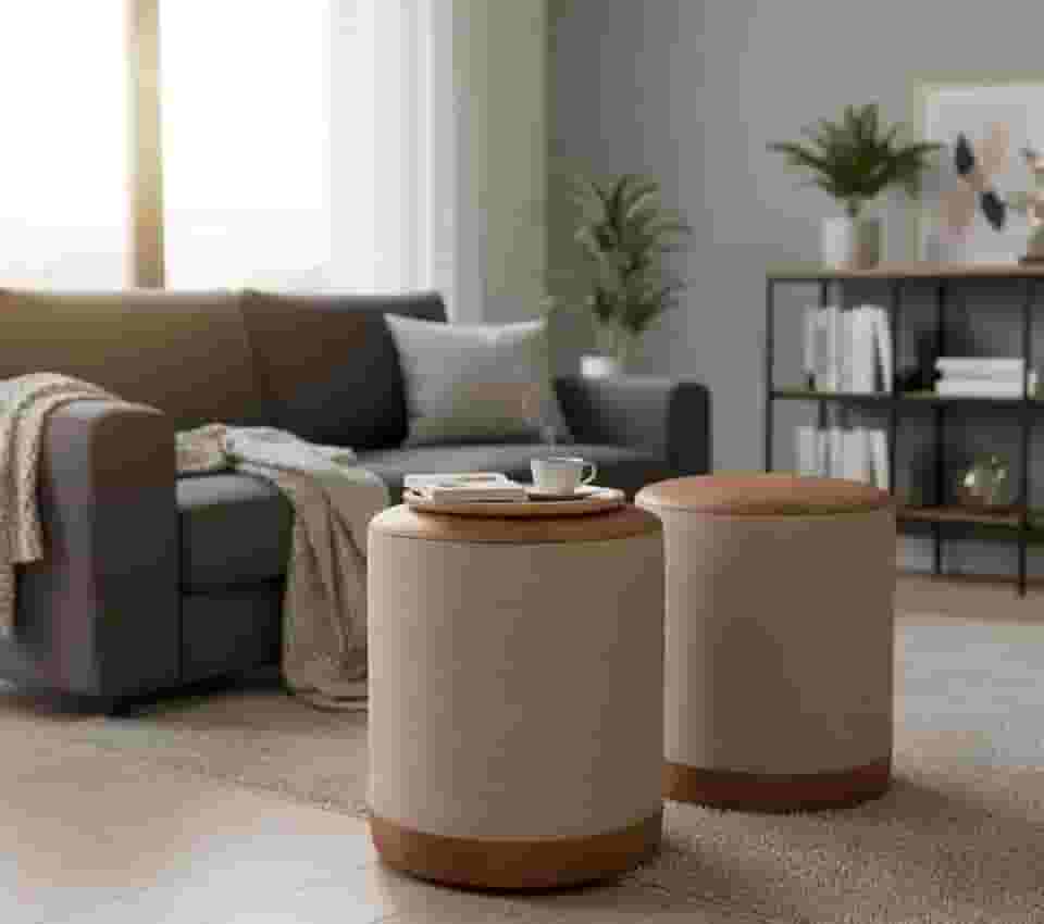 Kit Puff Banqueta Redondo Linho Com Couro 42x34x34 Oreon Luxo Decorativo Retro Vintage Casa Jd Móveis (BEGE COURO MARROM)