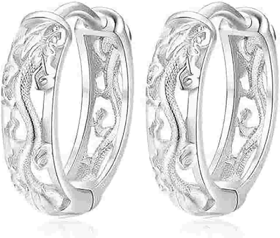 Brincos masculinos de argola de dragão, design de dragão chinês esculpido em tom prateado, joia urbana estilosa para homens