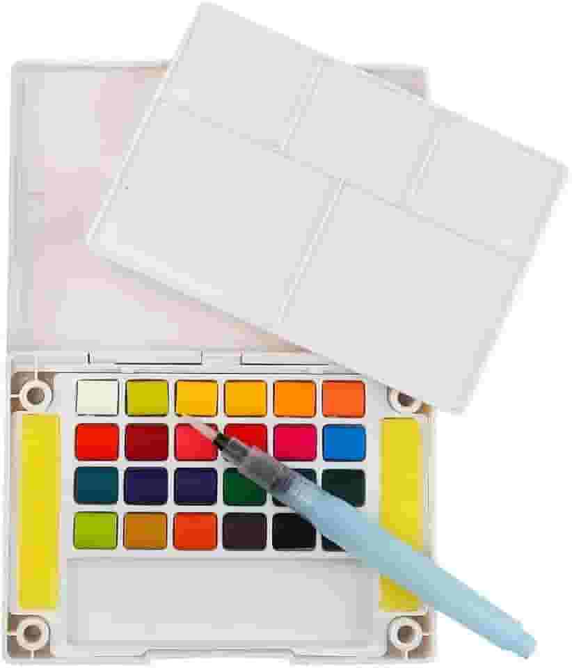 Conjunto de Aquarela Artística, 24 Cores Vibrantes, com Pincel Reservatório