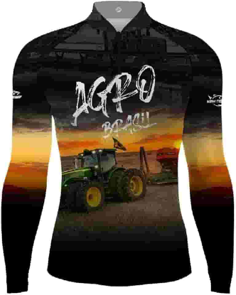 Camiseta de Pesca New Fisher, Manga Longa, Proteção UV, Estampa Agro Brasil com Trator, Preto