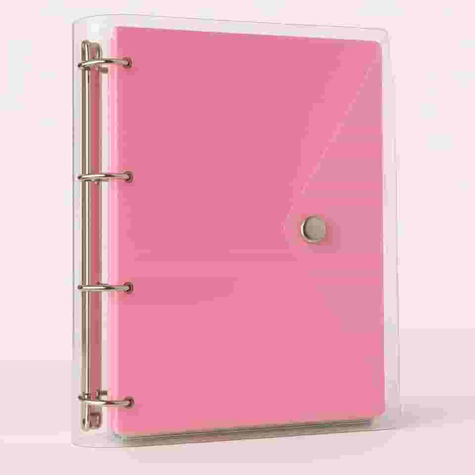 Fichário Universitário Pasta Organizadora 4 Argolas Transparente Rosa