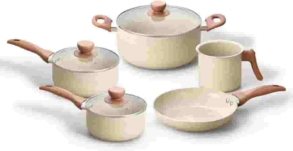 Oikos - Jogo com 5 Panelas Antiaderentes de Revestimento Cerâmica com Tampa de Vidro Terrara Bege com 5 Camadas para Fogão a Gás, Elétricos, Cerâmicos e Halogênio