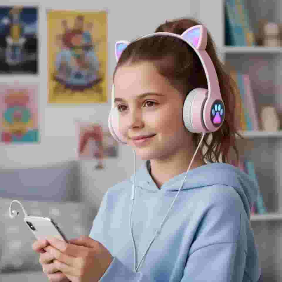 Fone de Ouvido Bluetooth com Orelha de Gato, LED, Sem Fio, com Microfone