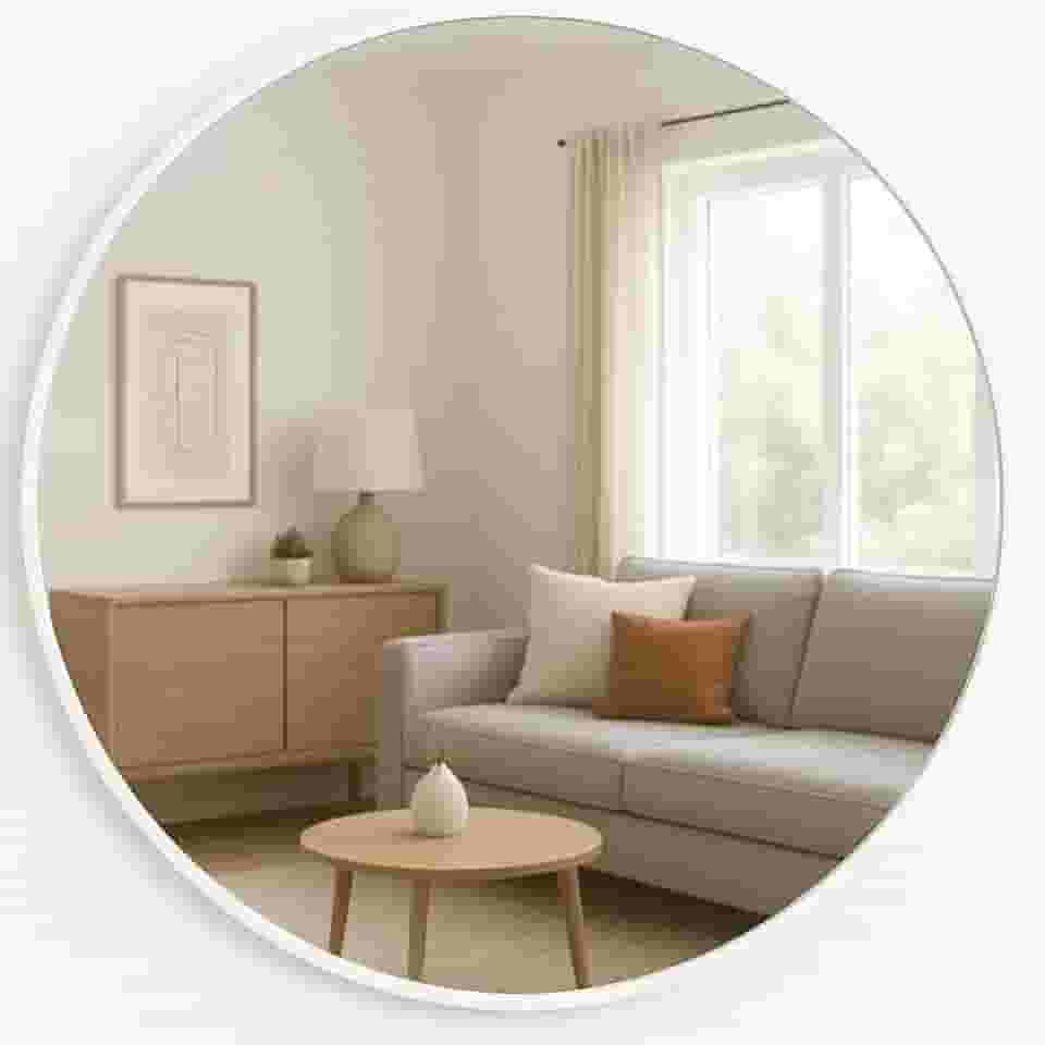 Espelho Adnet Redondo Com Borda Decorativo Couro Suporte Fixação Quarto Escritório Banheiro Sala 40cm (Branco, 40cm)