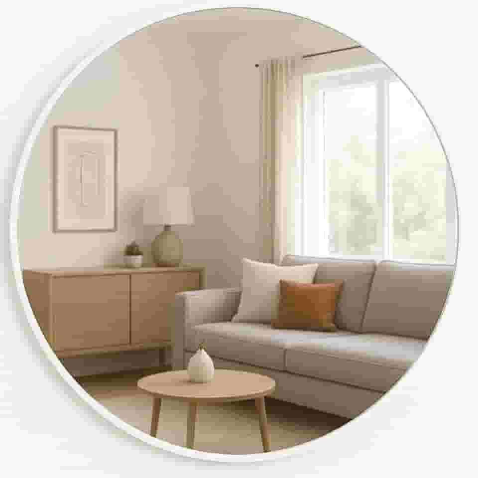 Espelho Adnet Redondo Com Borda Decorativo Couro Suporte Fixação Quarto Escritório Banheiro Sala 40cm (Branco, 40cm)