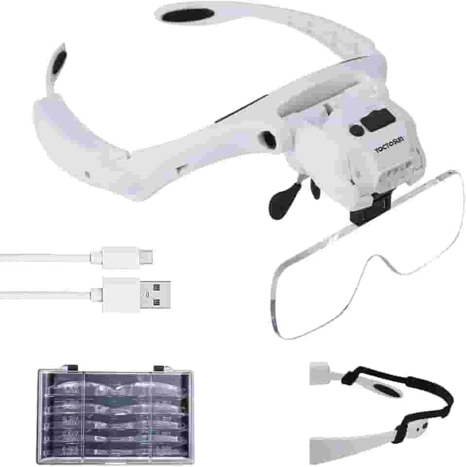 Lupa de cabeça YOCTOSUN com 5 luzes de LED, recarregável, mãos livres, lupa com 5 lentes intercambiáveis, ótimos óculos de lupa para joias, artes e artesanato, hobby