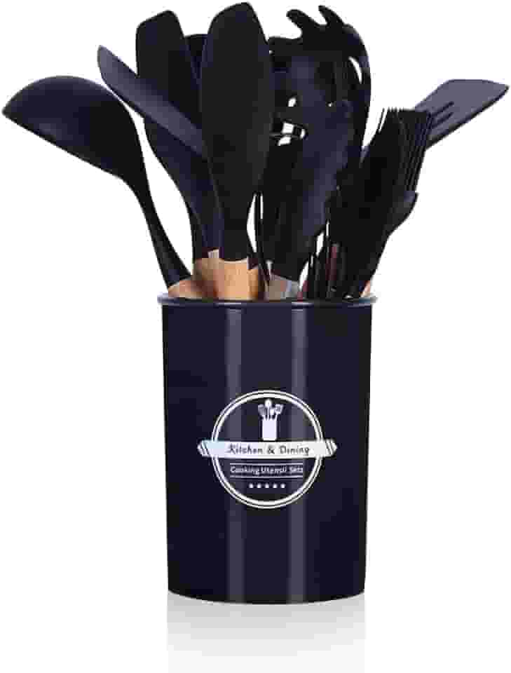 Jogo Utensílios de Cozinha Silicone Cabo de Madeira MM House (Preto)