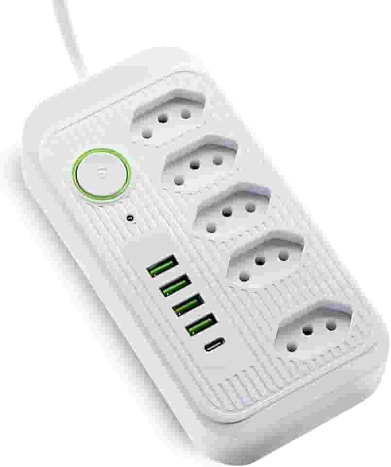 Extensão 5 Tomadas Filtro de Linha Régua de Energia Elétrica Cabo 2 Metros 4 USB e 1 USB-c Bivolt 110-220V Potência de 2500W e Carregamento Inteligente Premium