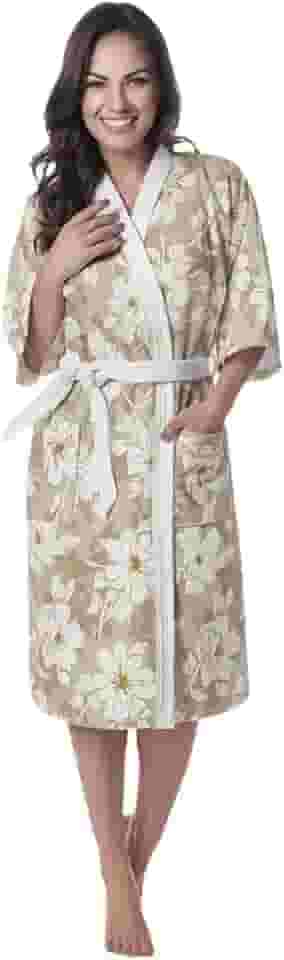 Roupão Aveludado Floral Feminino para Banho e Piscina, Tamanho GG, Bege com Flores Brancas, Material Não Puxa Fio