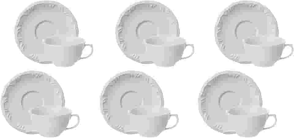 Estojo com 6 Xícaras Chá com Pires sem Pé em Porcelana - Modelo Redondo com Relevo Pomerode - Branca - fabricado pela Schmidt