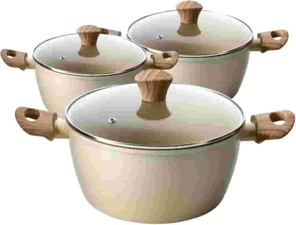 Jogo de Panelas Caçarola Com Tampa Cerâmica Antiaderente Indução (Bege)