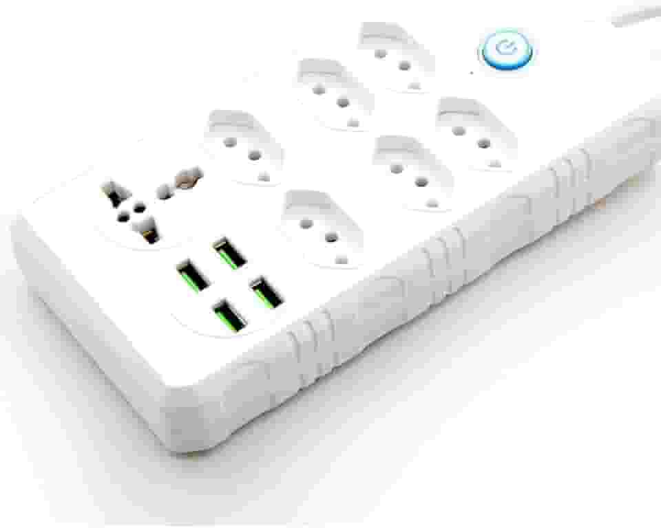 Régua de Energia/Extensão Elétrica com 6 Tomadas + 4 USB + 1 Tomada Universal | Cabo 1,9m | Bivolt 110–220V | Potência 2500W | Cor Branca
