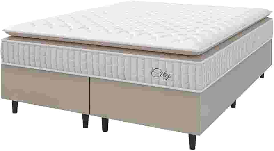 Cama Box Colchão Casal Queen Molas Ensacadas City Pillow Top 158x198x61cm Branco/Bege Hellen - Suporta até 110kg por Pessoa
