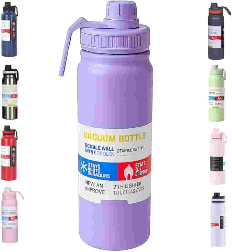 Garrafa de Água Térmica Inox 800ml Esportiva com Alça Parede Dupla Isolada a Vácuo Antivazamento Garrafinha Academia Fitness Corrida Esportes Escritório – Premium (Roxo Claro - Lilás)