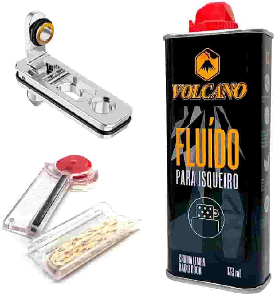 Kit de Fluido Volcano para Isqueiro (133ml), Pedra, Pavio e Vedação Anti-evaporação