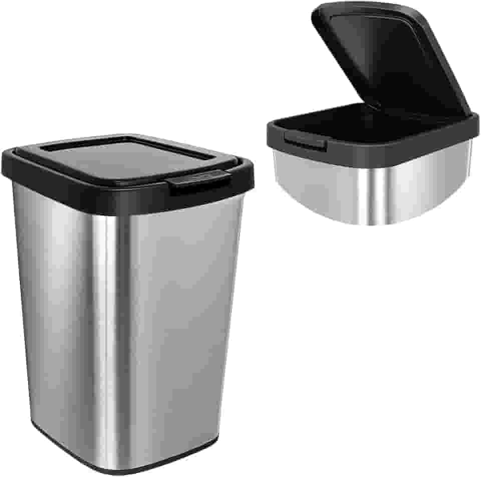 Lixeira 9 Litros com Tampa Click Basculante – Cesto de Lixo, Plástico com Acabamento Tipo Inox para Banheiro, Cozinha e Escritório